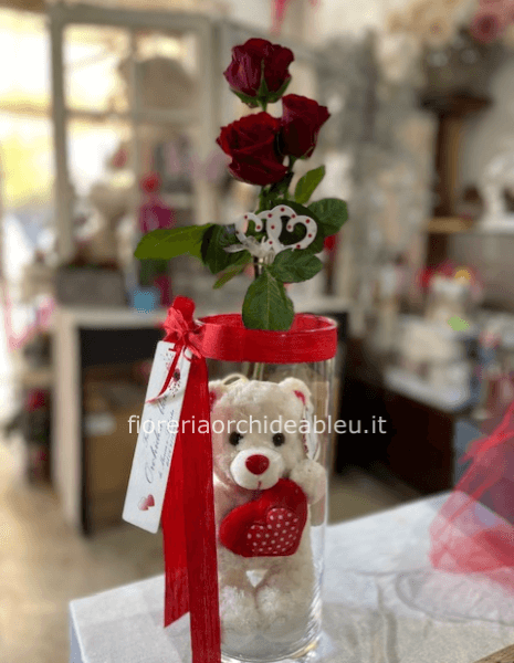 3 Rose in Vetro con orsetto